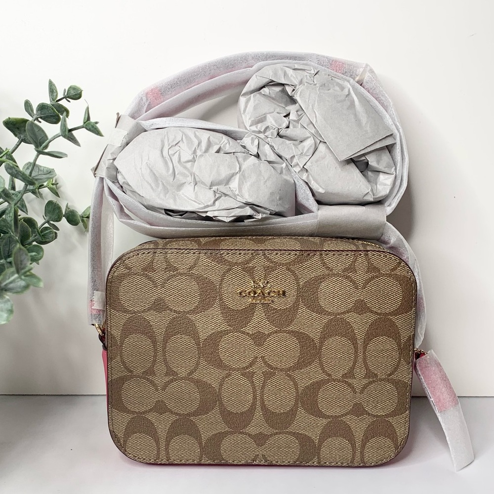 Coach Mini Camera Crossbody Bag In Signature Canvas  Khaki Fushia Pink - Picture 3 of 11